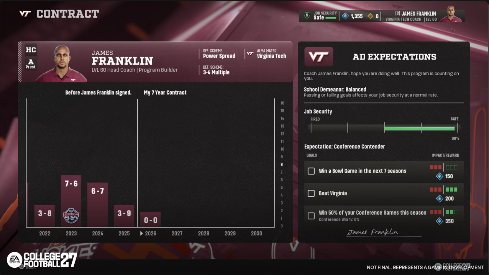College Football 27 AD Expectations contract screen showing school demeanor and three season goals