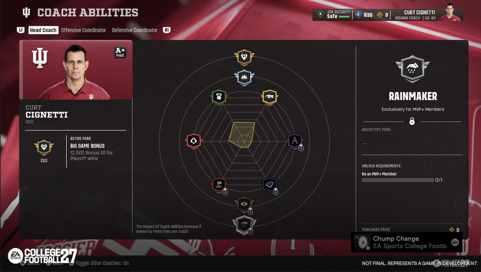 College Football 27 Rainmaker coach archetype ability tree, exclusive to MVP+ members