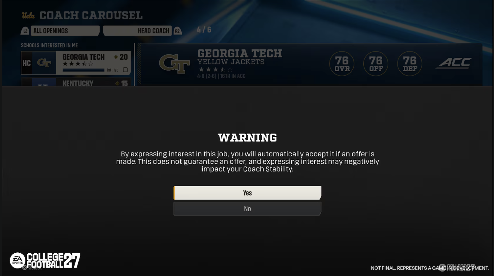 College Football 27 coaching carousel warning that expressing interest is binding and lowers Coach Stability