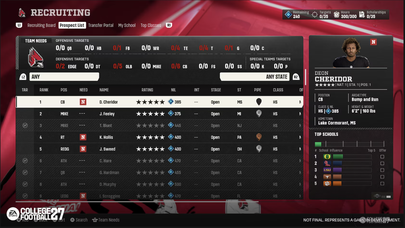 College Football 27 recruiting Prospect List showing expected NIL figures next to each recruit