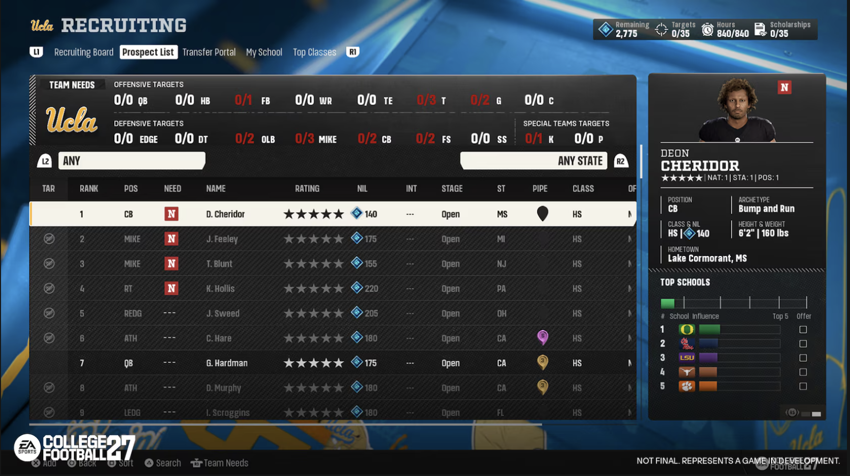 College Football 27 recruiting Prospect List showing each recruit's stage and interest