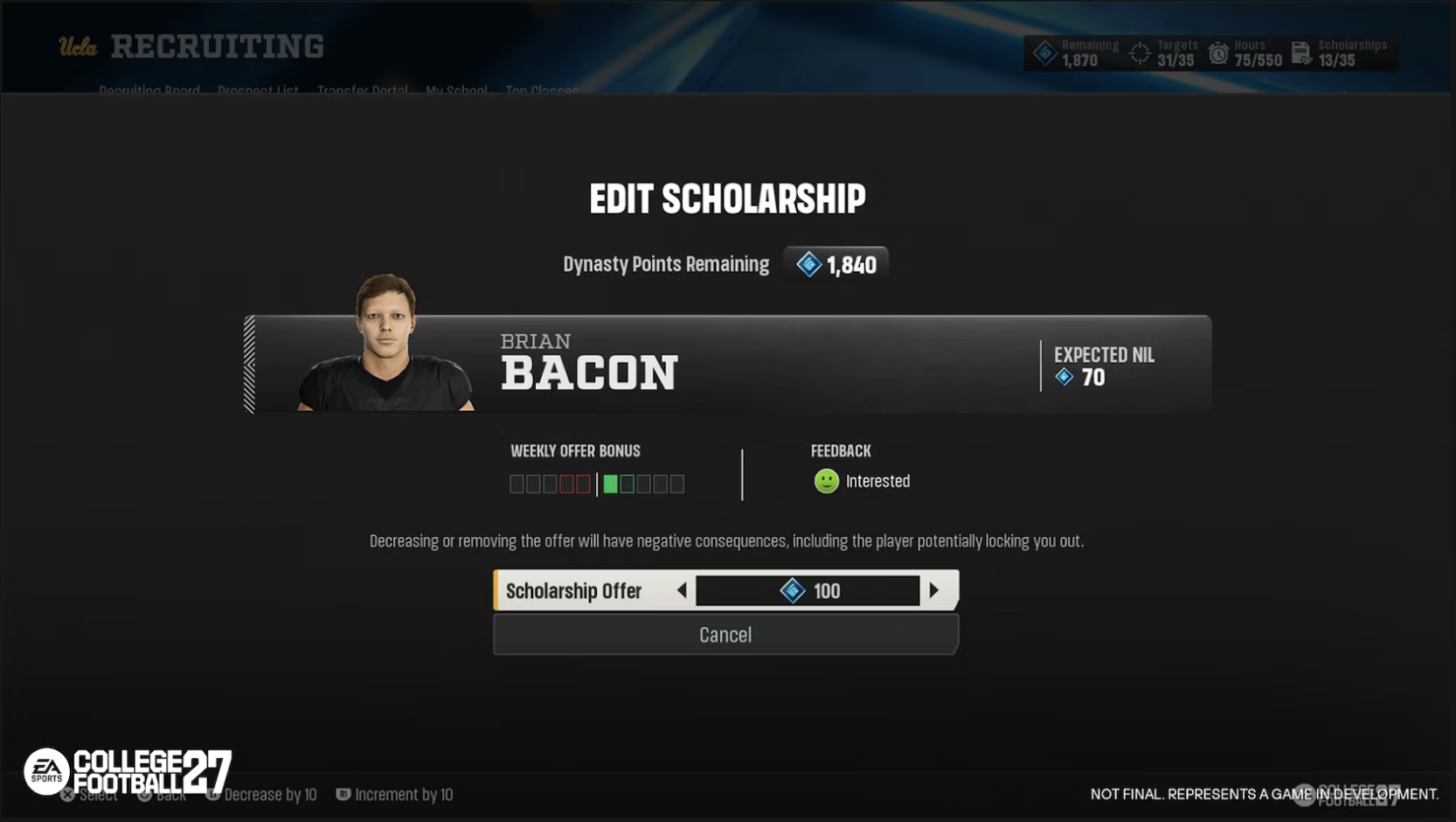 College Football 27 Edit Scholarship screen showing an offer above the recruit's expected NIL