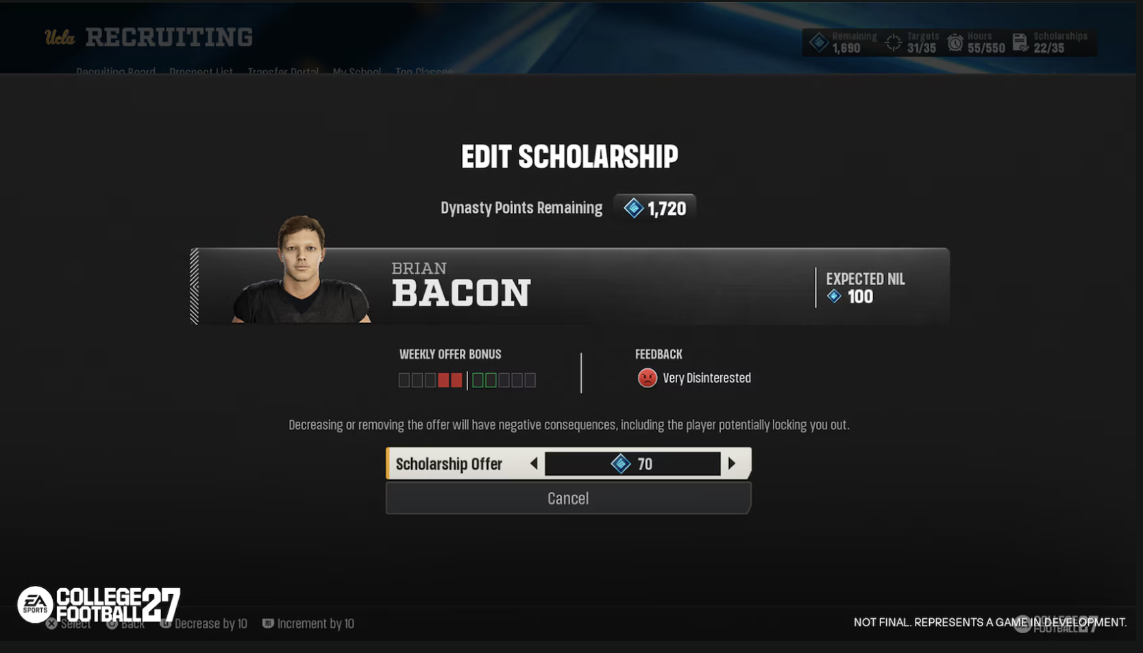 College Football 27 Edit Scholarship screen showing an offer below the recruit's expected NIL reading Very Disinterested