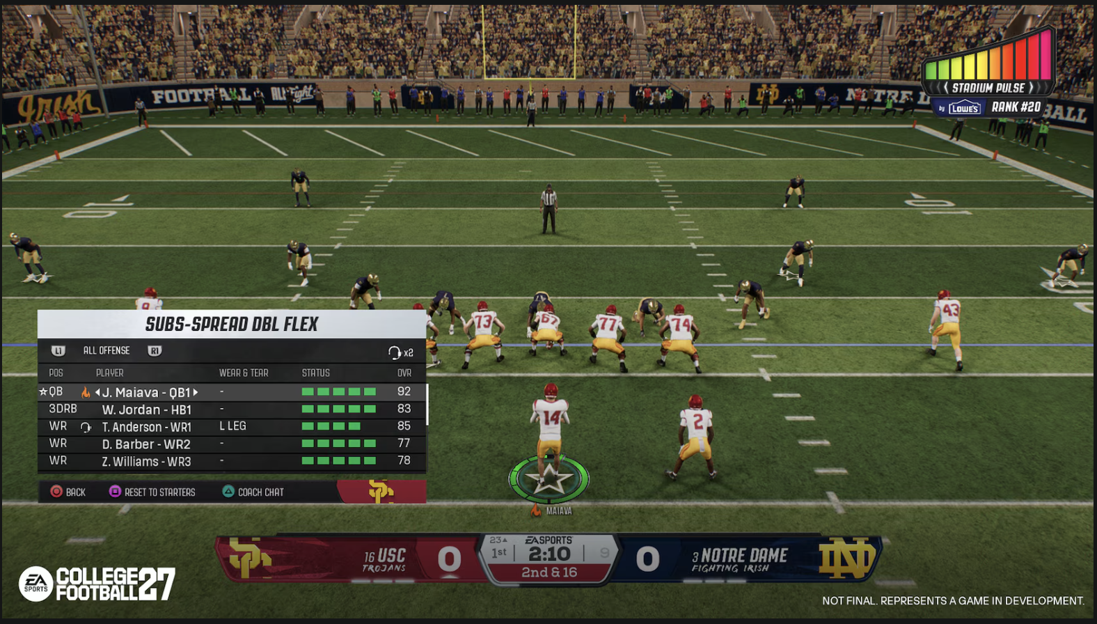 College Football 27 play call substitutions screen for swapping personnel before the snap