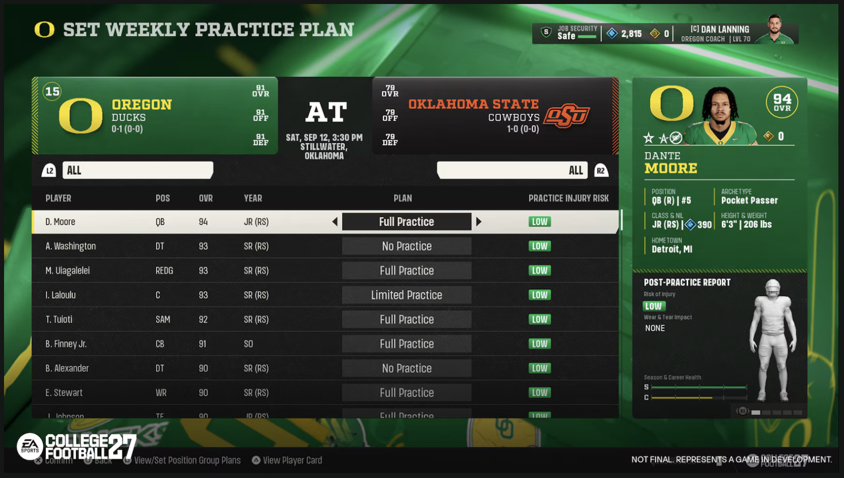 College Football 27 Weekly Practice Plan screen with Full, Limited, No Practice and Week Off options per player