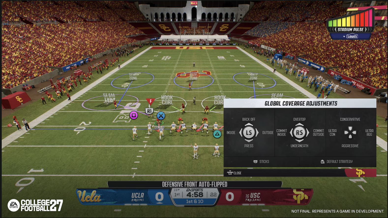 College Football 27 Left Trigger Global Coverage Adjustments hub showing back set, overlap, and conservative options